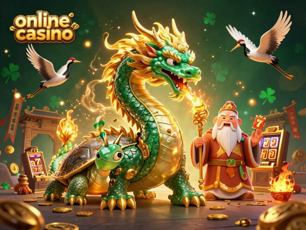 Experience an online casino adventure with a jade dragon, a wise turtle, and lucky cranes amidst vibrant gaming elements.
