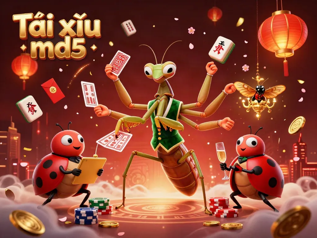 Engaging Tài xỉu md5 scene featuring a giant mantis dealing cards, ladybug pit boss, and festive casino elements.