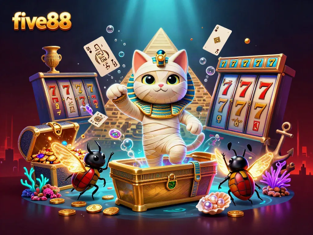Experience the excitement of five88 with a vibrant Egyptian-themed casino illustration showcasing thrilling slot games and characters.