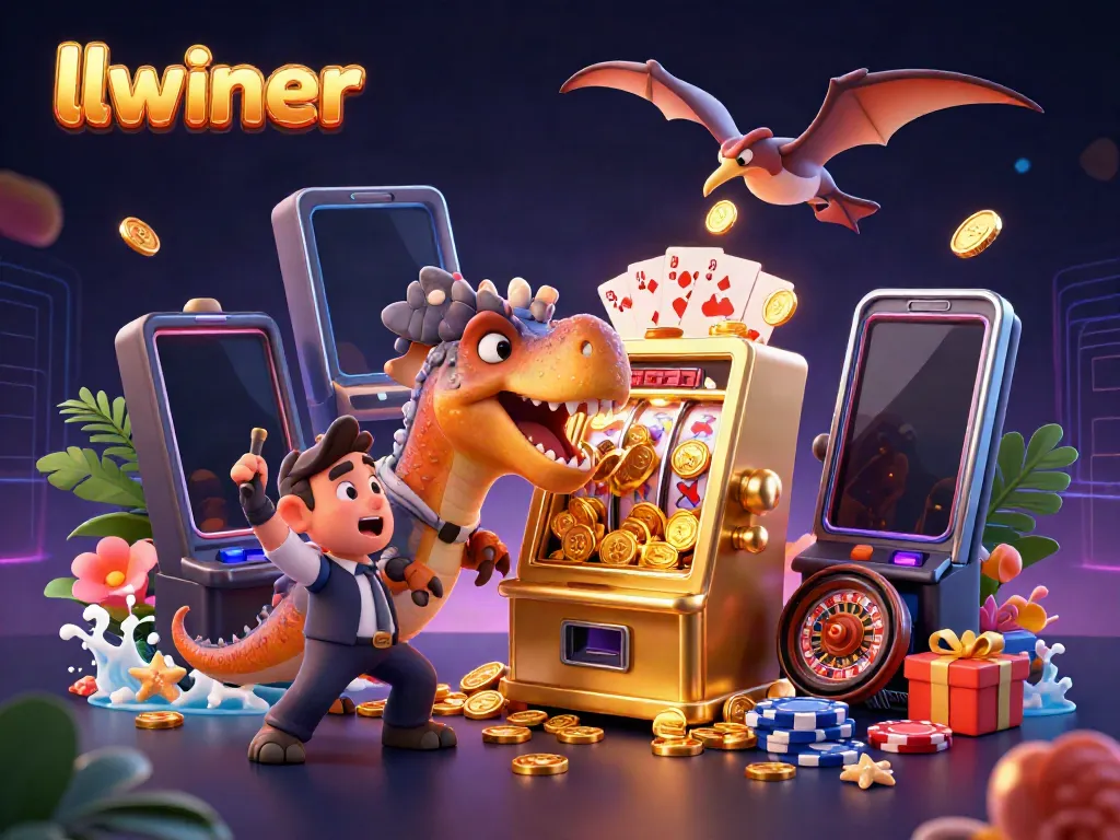 llwiner offers a thrilling jackpot scene with cartoon dinosaurs and vibrant casino elements