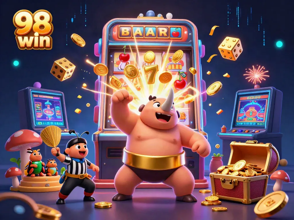 Win big with 98 win as the beetle champion stirs up golden coins in this vibrant casino scene.