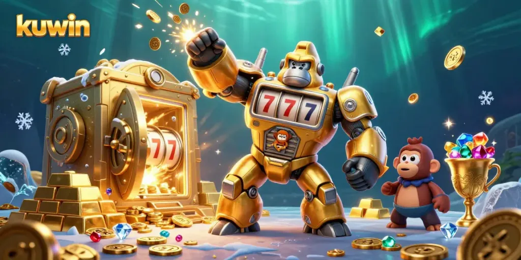 Experience thrilling kuwin gameplay with a dynamic gorilla mech and treasures in this illustration.