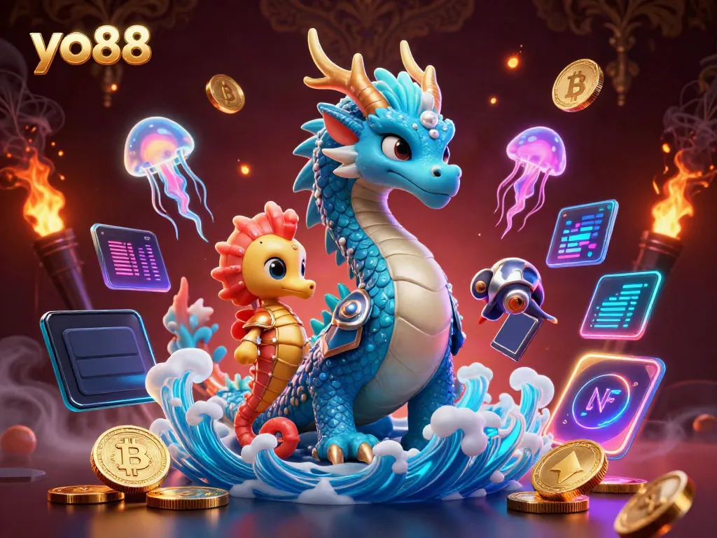 Experience the thrilling adventures of yo88 with a vibrant underwater gaming scene featuring a dragon and sea knight.