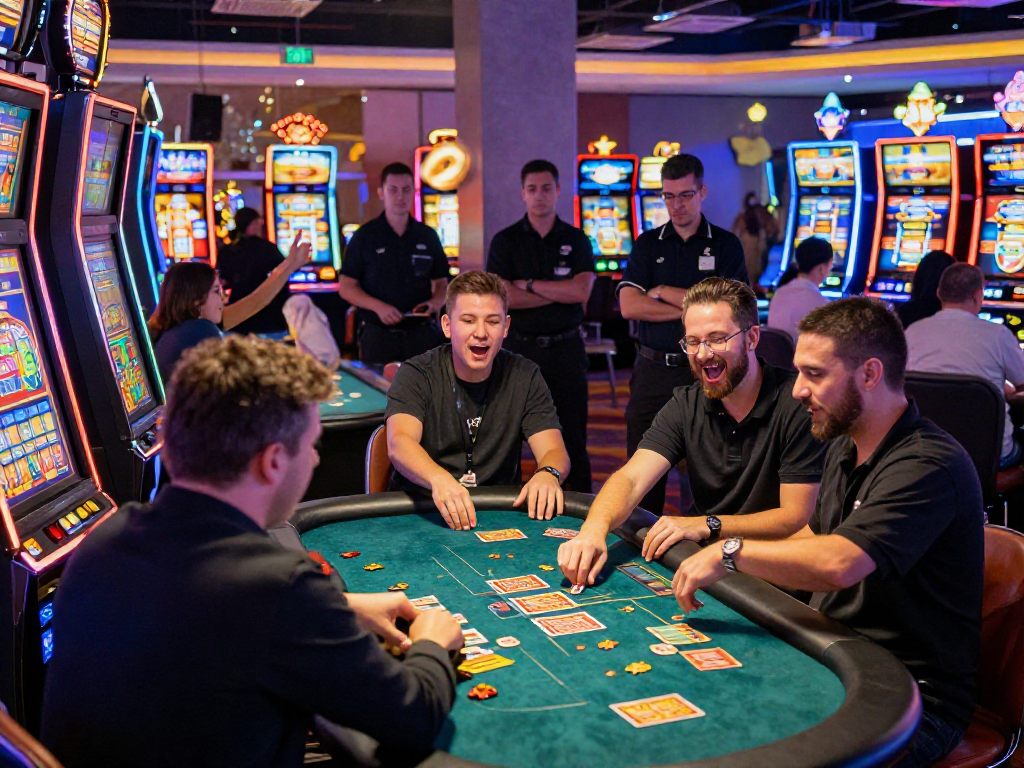 Giocatori felici in un casino senza AAMS mentre festeggiano le vincite al tavolo e alla slot machine.