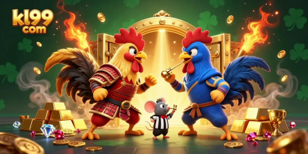 Experience excitement with kl99 com in a dynamic, engaging casino illustration showcasing fierce rooster battle.