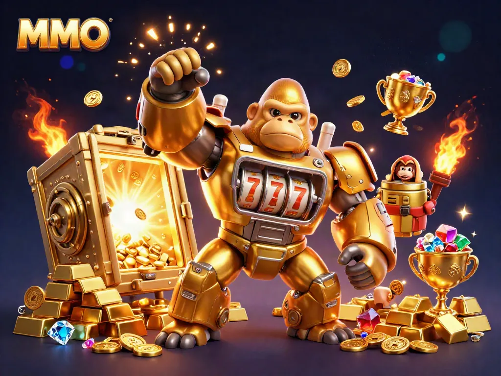 Experience the thrill of MMOO with a golden gorilla mech amidst treasures in a vibrant casino scene.