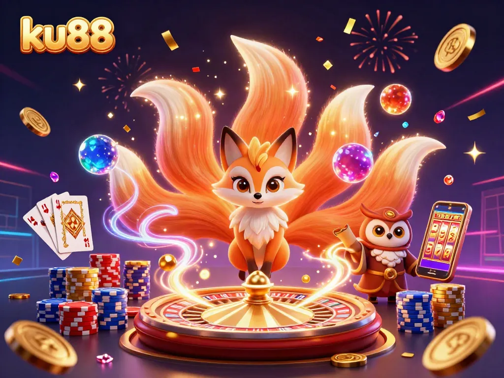 Experience the thrill of ku88 with a lively casino scene featuring a nine-tailed fox and vibrant casino elements.