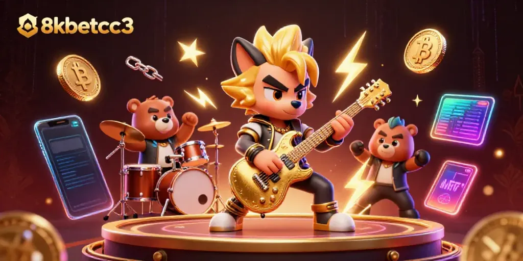 8kbetcc3 showcases a vibrant rock star wolf and drummer bear amidst a glowing casino atmosphere.
