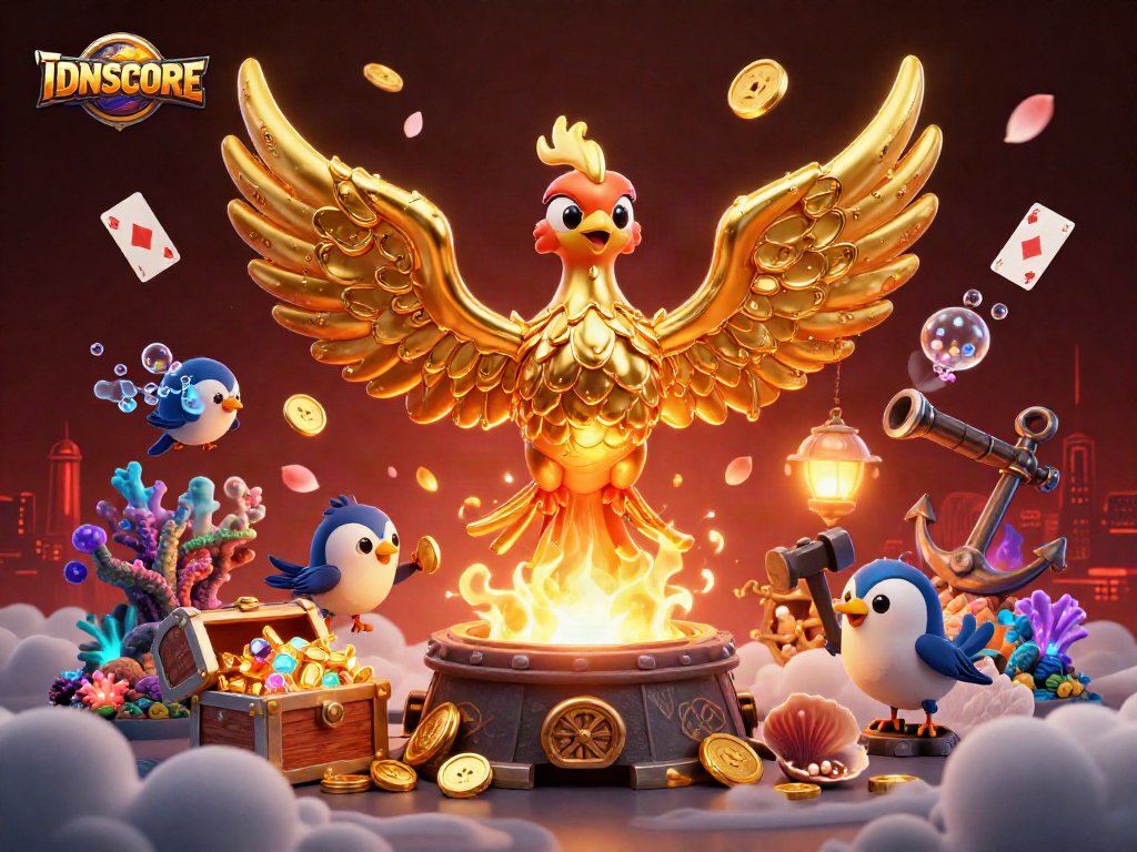 Bet and win big at IDNSCORE with dynamic casino elements featuring a golden phoenix.