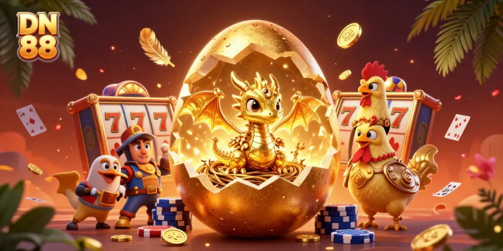 Engage with the captivating world of DN 88, showcasing a golden dragon atop poker chips amidst slot reels in dynamic gambling scenery.