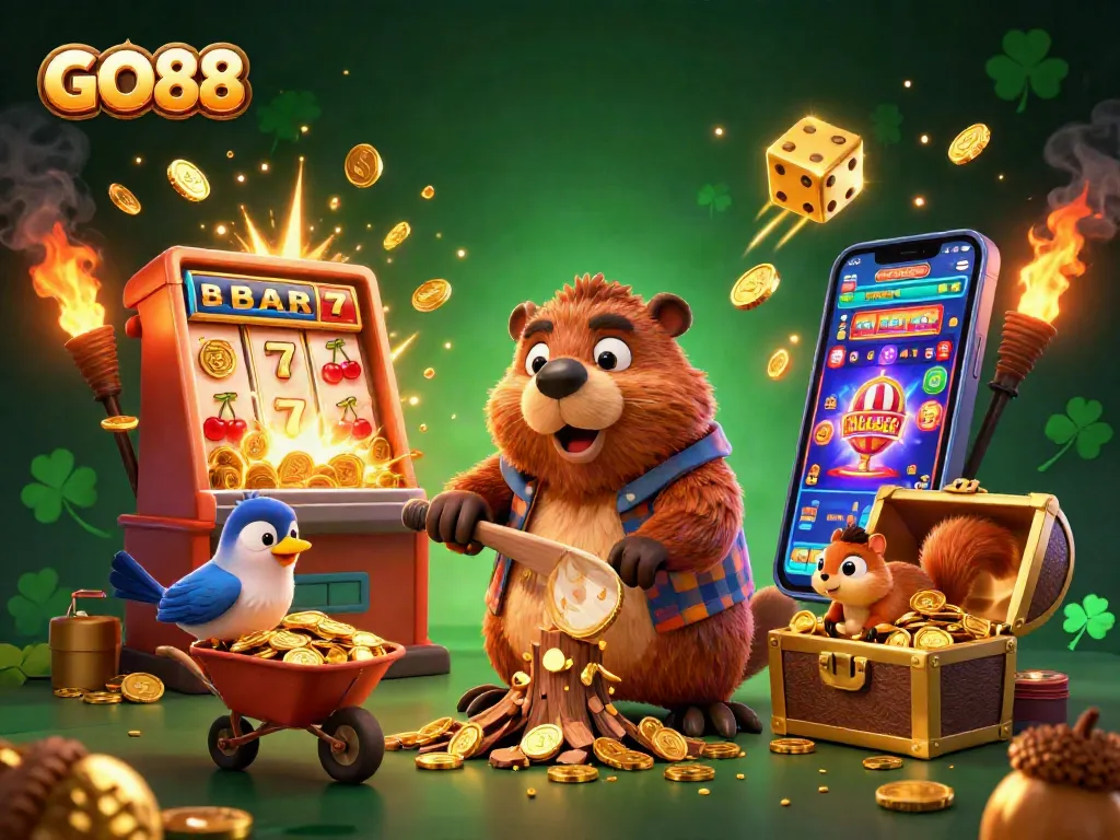 Chop your way to jackpots with GO88 as the beaver collects coins in a vibrant casino scene