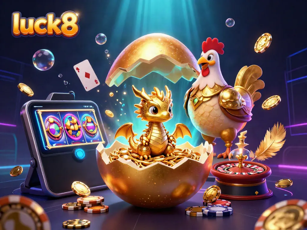 Experience the thrilling luck8 online casino with golden dragon, poker chips, and vibrant slot game elements.