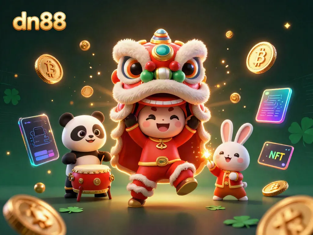 Featuring dn88 characters celebrating with crypto coins and decorations, perfect for online gambling.