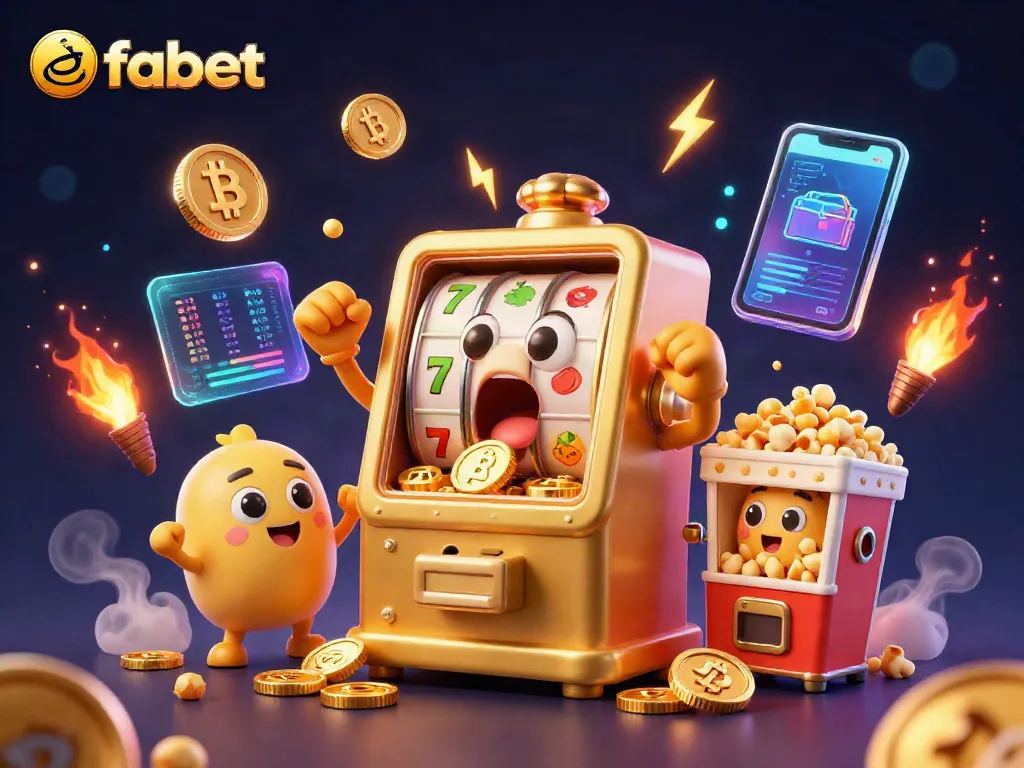 Spin the fabet slots as golden coins cascade down from a surprised jackpot machine.