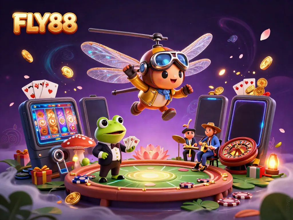 FLY88 dragonfly pilot above lily pad casino, with a frog croupier and jazz musicians.