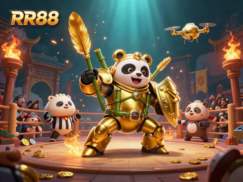 Experience thrilling gameplay at RR88 with a dynamic 3D illustration featuring a mech-suit panda in an exciting gambling arena.
