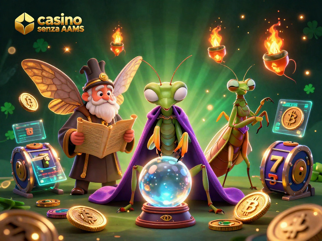 Scopri il mondo di casino senza AAMS con un mantide cartomante e simboli da gioco emozionanti.
